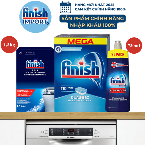 Mega Combo 3 món: 110 viên Finish Classic hương nguyên bản + 1,5kg muối Finish + 750ml nước làm bóng Finish (trợ xả)
